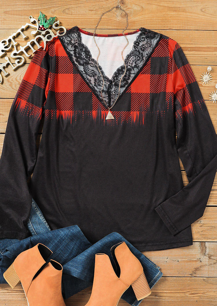 

Blouses Lace Splicing Plaid Blouse in Black. Size: L,M