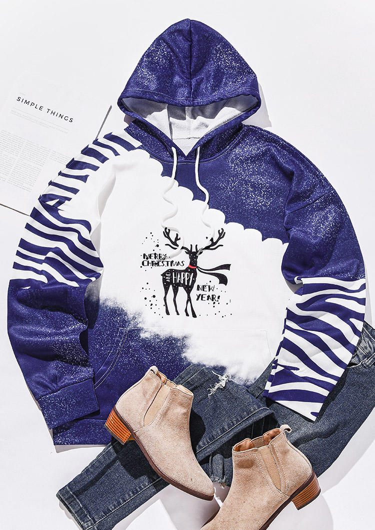 

Hoodies Merry Christmas Happy New Year Reindeer Hoodie in Blue. Size: ,L,XL