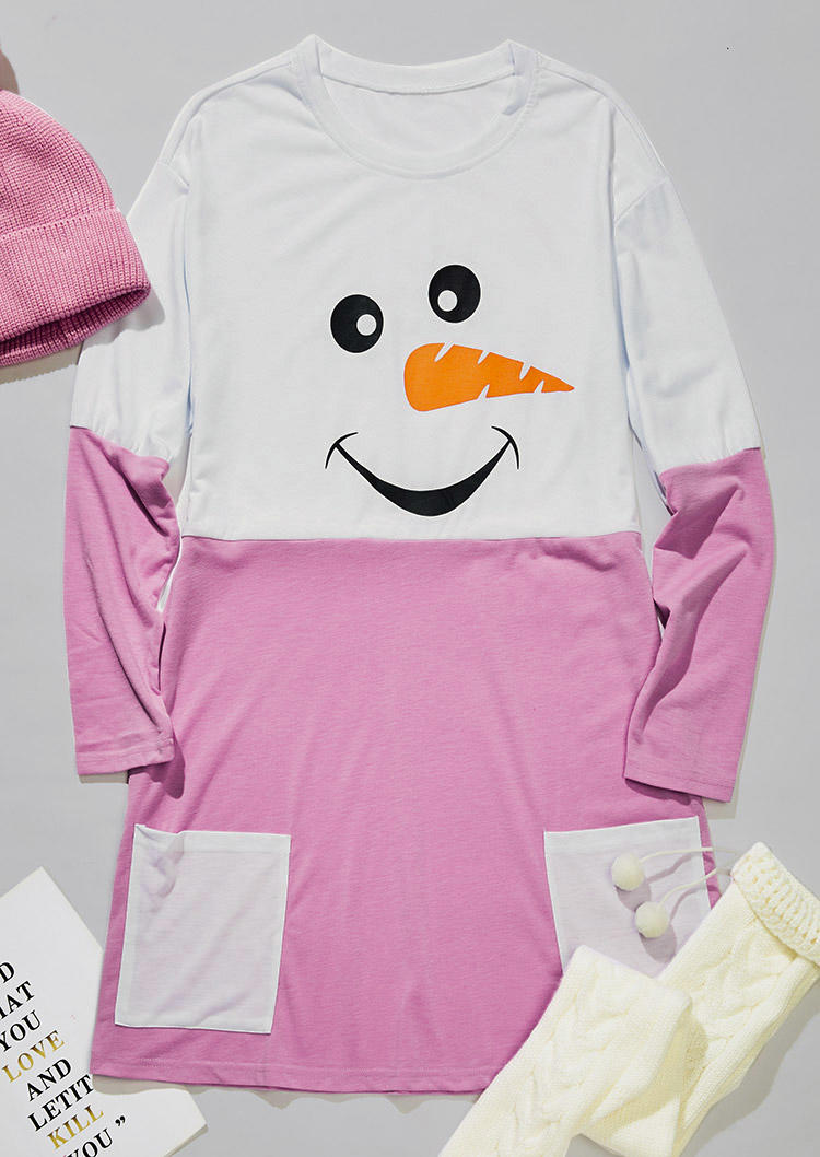 

Mini Dresses Christmas Snowman Color Block Pocket Mini Dress in Pink. Size