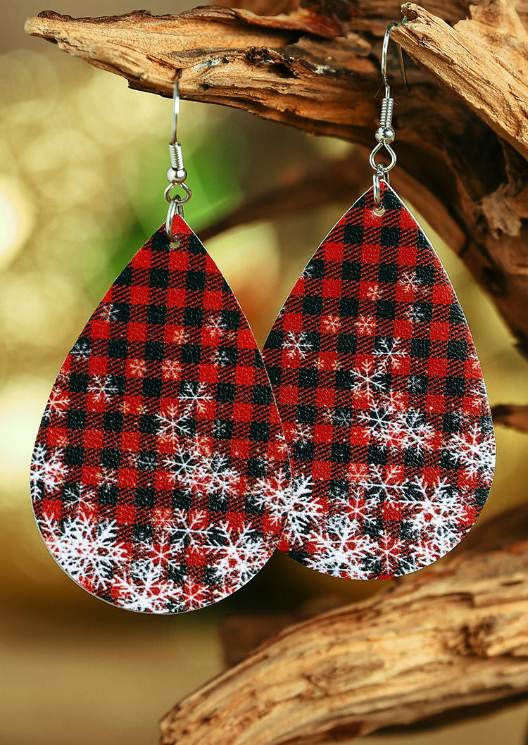 

Earrings Christmas Snowflake Buffalo Plaid Water Drop Earrings in Red. Size