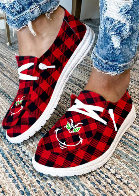 

Sneakers Buffalo Plaid Christmas Cartoon Round Toe Flat Sneakers in Red. Size: ,38,39,40,41