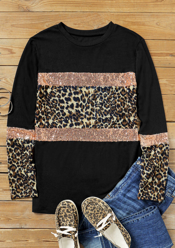

Blouses Leopard Sequined Splicing Long Sleeve Blouse in Black. Size: ,XL