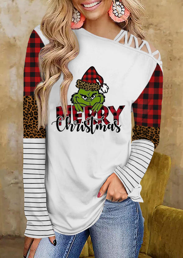 

Blouses Merry Christmas Cartoon Buffalo Plaid Striped Leopard Blouse in White. Size: ,M,L,XL