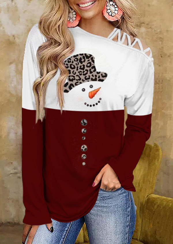 

Blouses Christmas Snowman Leopard Criss-Cross Blouse in Burgundy. Size: ,M,L,XL