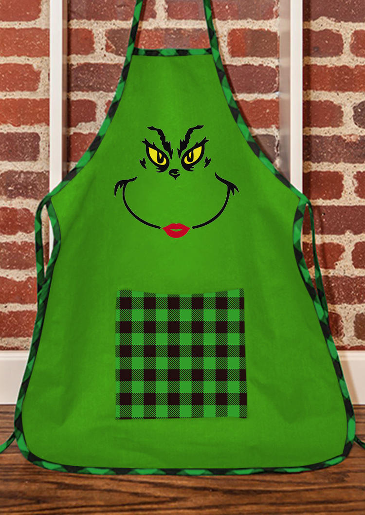 

Tools Christmas Cartoon Plaid Pocket Apron in Green. Size