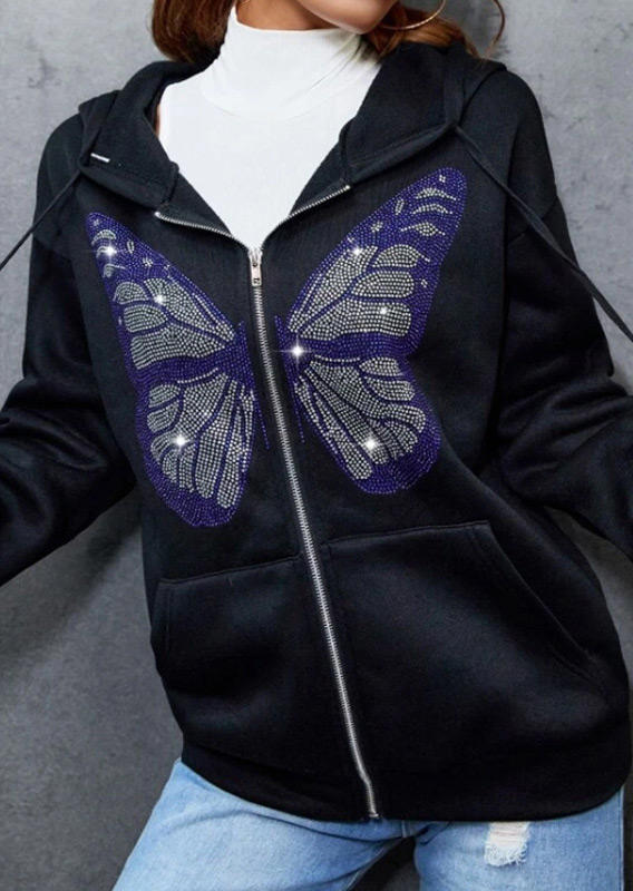 

Coats Butterfly Rhinestone Zipper Hooded Coat in Black. Size: ,M,L,XL