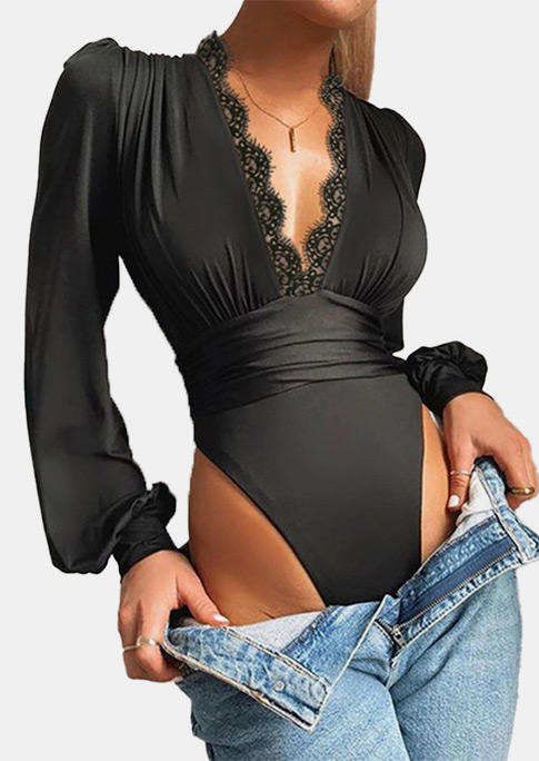 

Bodysuits Lace Long Sleeve V-Neck Bodysuits in Black. Size: ,M,L,XL