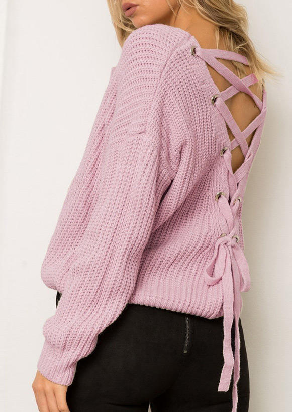 

Sweaters Open Back Lace Up Long Sleeve Sweater in Pink. Size