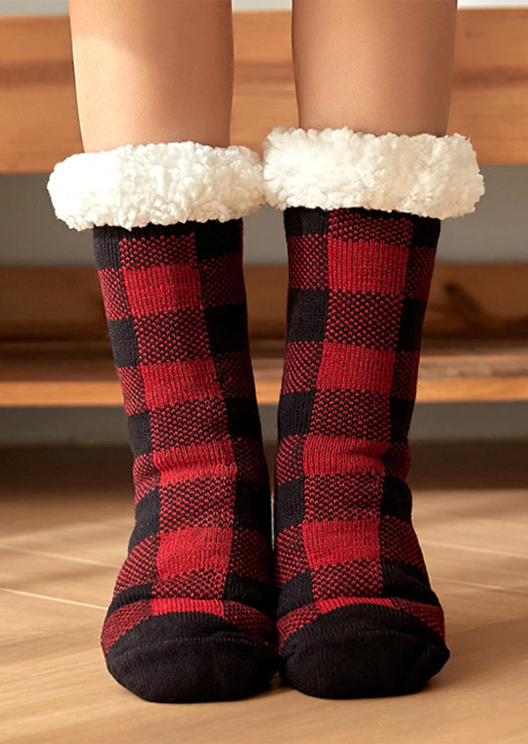 

Crew Socks Plaid Thickened Fleece Warm Crew Socks in Red. Size