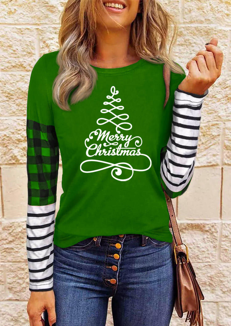 

Blouses Merry Christmas Tree Striped Plaid Blouse in Green. Size: ,L,XL