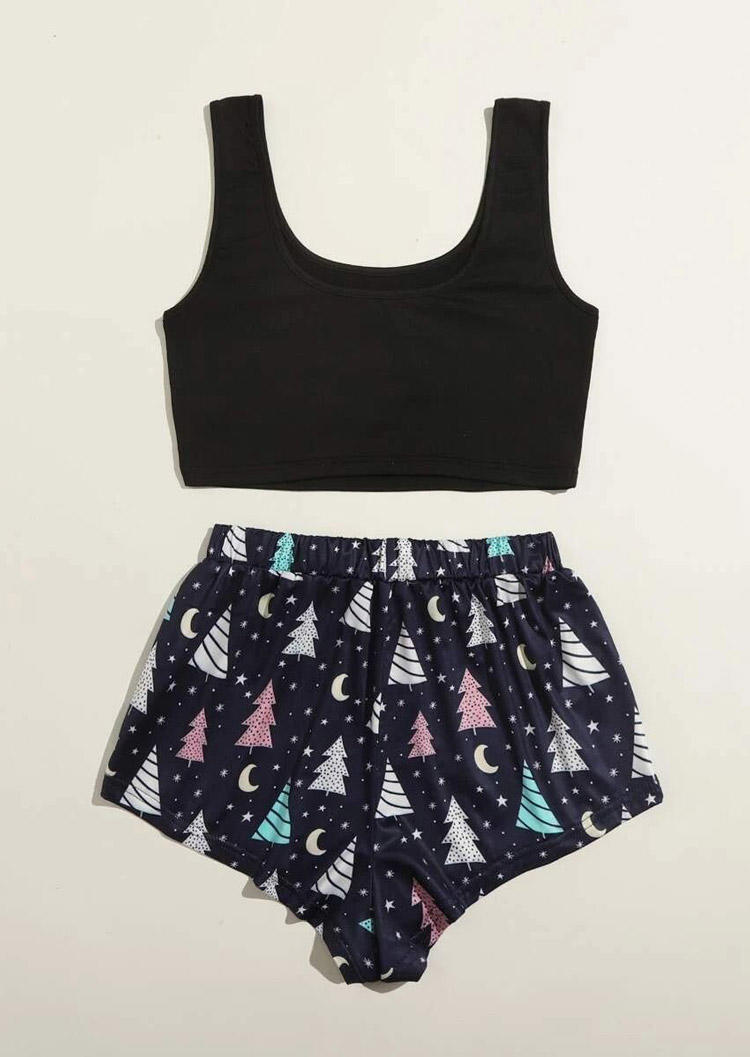 

Sleepwear Merry Christmas Tree Crop Tank Top And Shorts Pajamas Set in Black. Size: ,M,L,XL