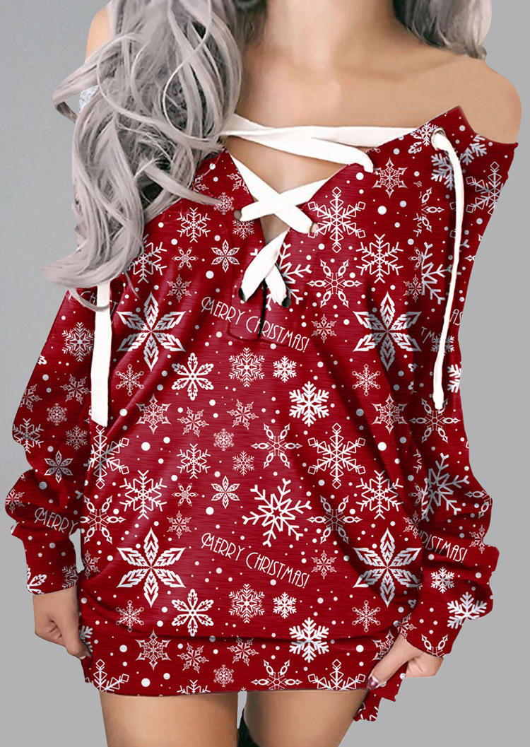 

Mini Dresses Merry Christmas Snowflake Lace Up Mini Dress in Red. Size: ,M,L,XL