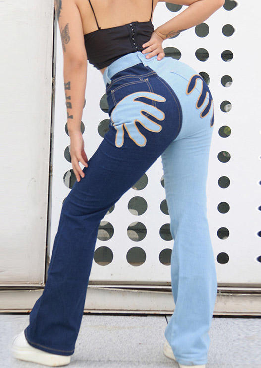 

Pants Color Block Hands Jeans Pants in Blue. Size: ,M,L