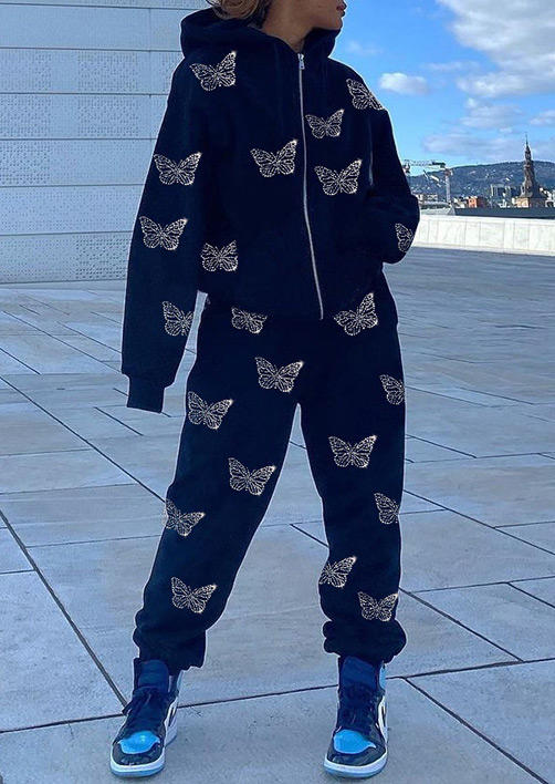

Pants Butterfly Elastic Waist Sweatpants in Black. Size: ,M,L
