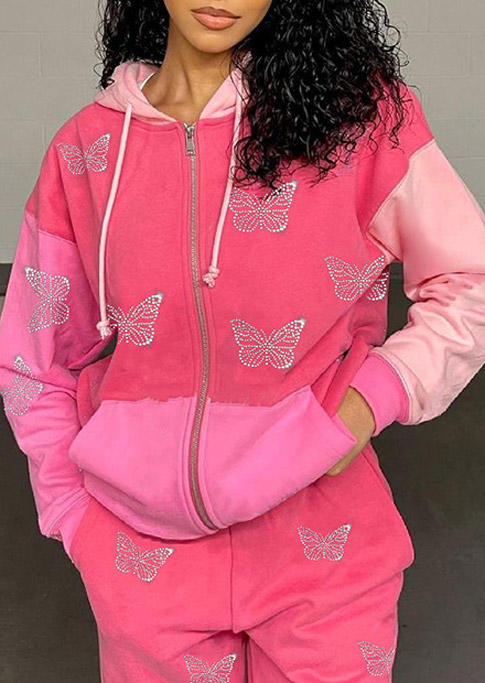 

Hoodies Butterfly Color Block Zipper Pocket Hoodie in Pink. Size: ,M,L