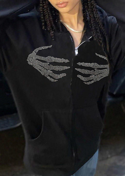 

Coats Rhinestone Skeleton Hands Pocket Coat in Black. Size: ,L,XL,2XL