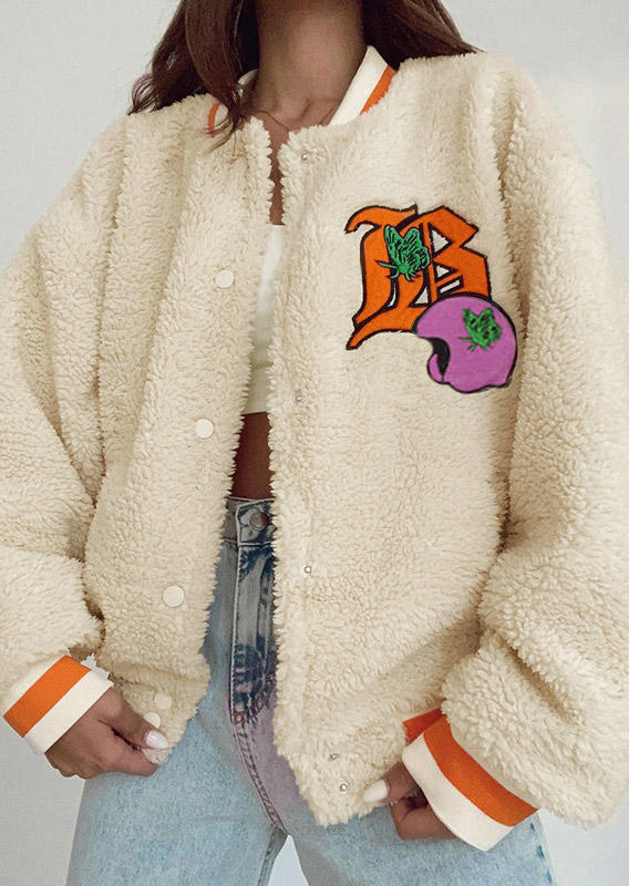 

Coats Fuzzy Button Baseball Coat in White. Size: ,M,L