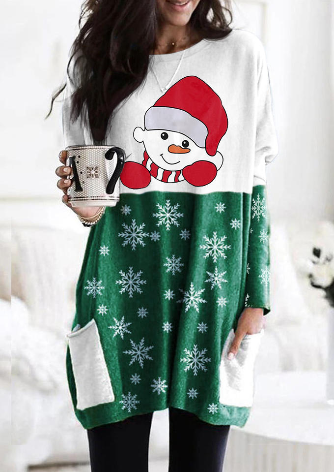 

Mini Dresses Christmas Snowman Color Block Pocket Mini Dress in Green. Size