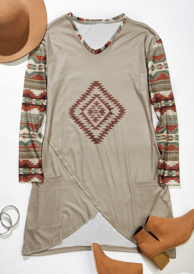 

Mini Dresses Aztec Geometric Western Pocket Mini Dress in Khaki. Size