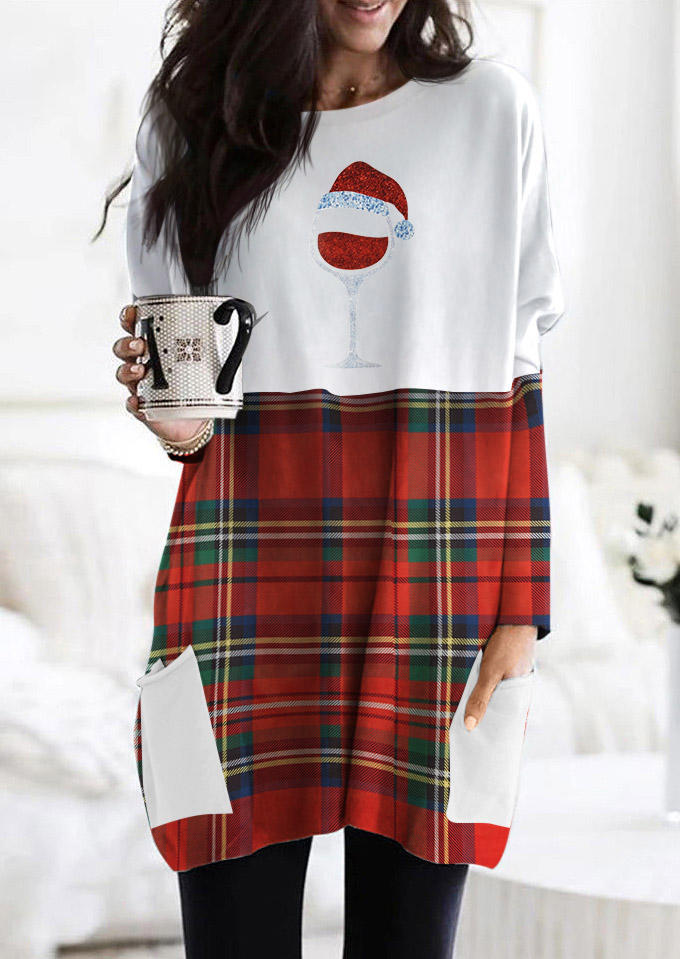 

Mini Dresses Christmas Hat Wine Glass Plaid Pocket Mini Dress in Plaid. Size: ,M,L,XL