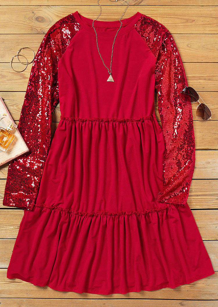 Mini Dresses Sequined Splicing Ruffled Long Sleeve Mini Dress in Red. Size: S,M,L
