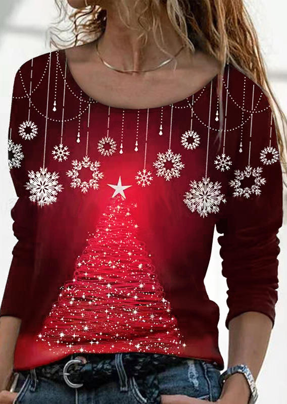 Blouses Christmas Tree Snowflake Long Sleeve Blouse in Red. Size: S