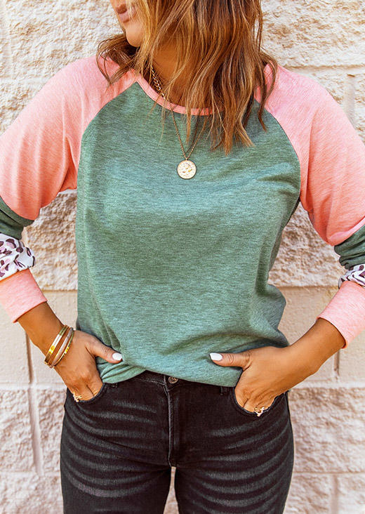 

Blouses Leopard Color Block Long Sleeve Blouse in Light Green. Size