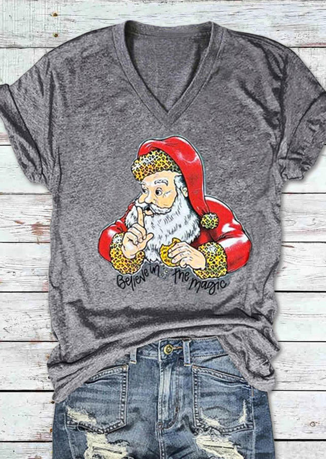 Christmas Believe In The Magic Santa Claus T-Shirt Tee - Gray