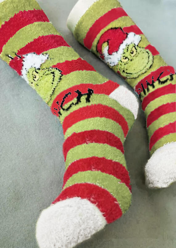 

Crew Socks Christmas Cartoon Striped Warm Plush Crew Socks in Multicolor. Size
