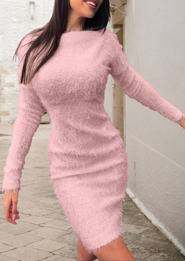 

Bodycon Dresses Fuzzy Long Sleeve O-Neck Bodycon Dress in Pink. Size: ,M,L,XL