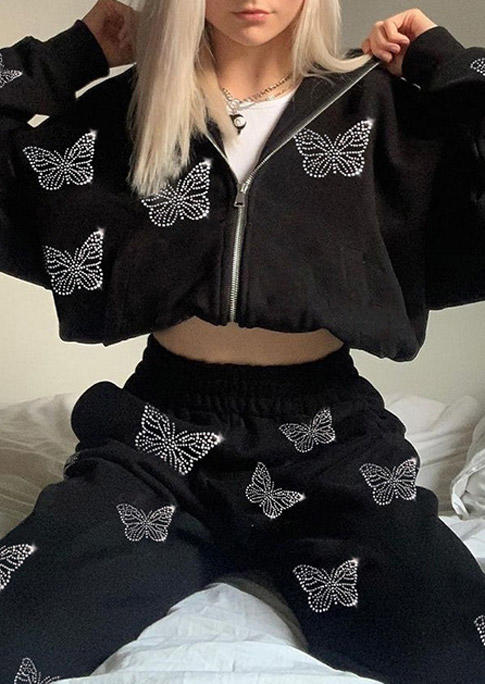 

Hoodies Butterfly Zipper Pocket Hoodie in Black. Size: ,M,L