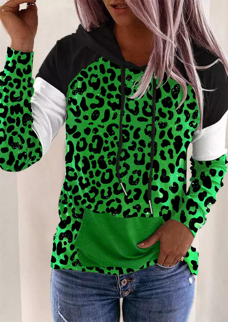 

Hoodies Leopard Pocket Drawstring Hoodie in Green. Size