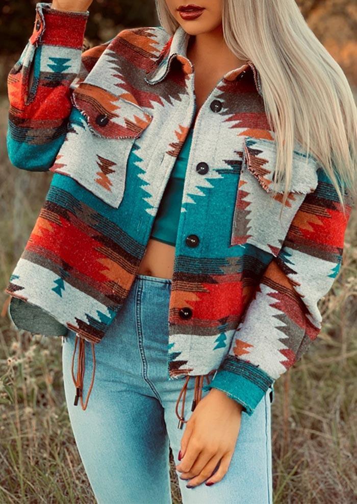 

Coats Aztec Geometric Slit Button Pocket Coat in Multicolor. Size
