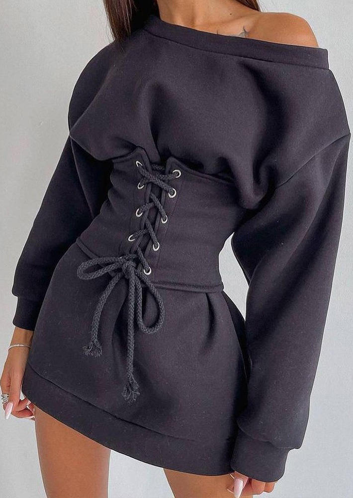 Lace Up Corset Long Sleeve Mini Dress - Black