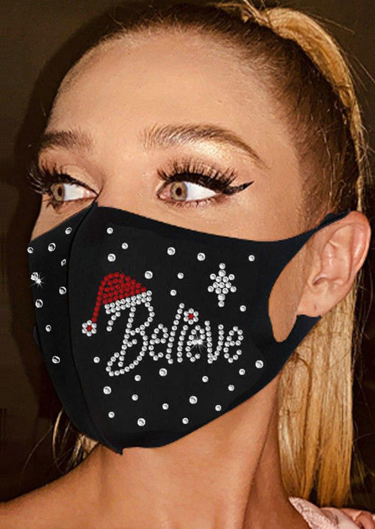 

Masks Christmas Hat Believe Rhinestone Breathable Mask in Black. Size