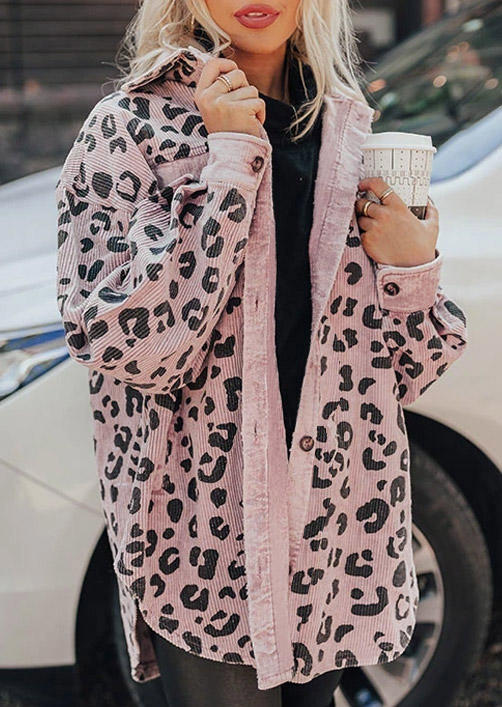 Coats Leopard Pocket Button Long Sleeve Coat in Pink. Size: S,M