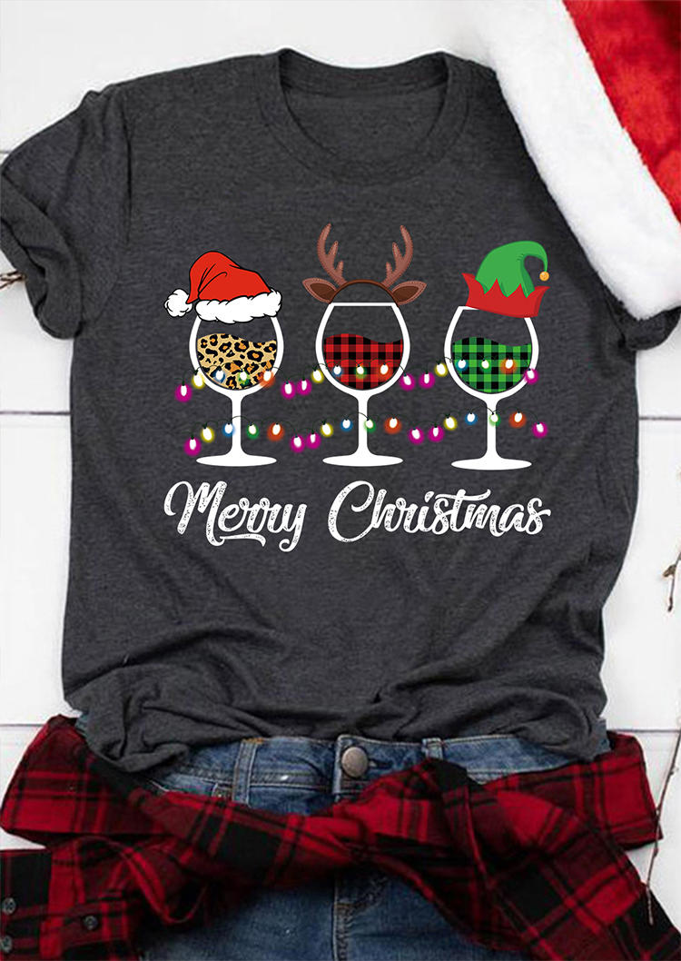 

T-shirts Tees Merry Christmas Hat Wine Glass T-Shirt Tee in Dark Grey. Size