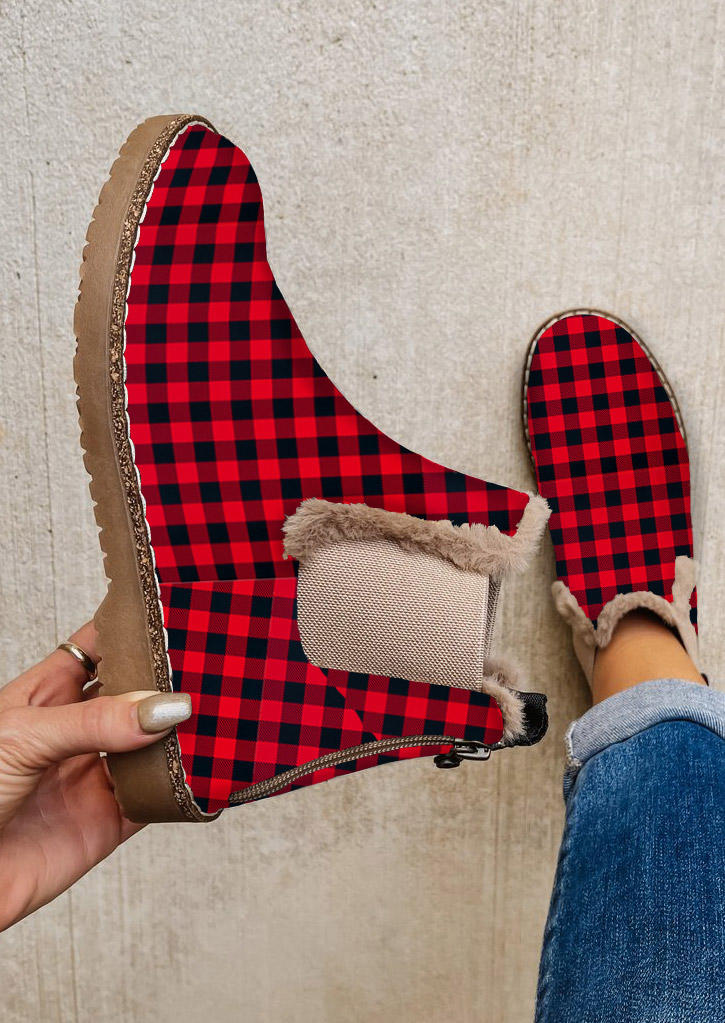 

Boots Plaid Plush Zipper Round Toe Ankle Boots in Red. Size: ,38,39,40,41