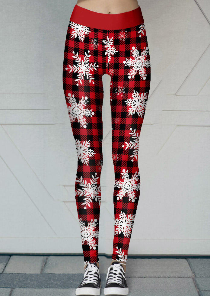 Leggings Christmas Snowflake Plaid Skinny Leggings in Red. Size: M
