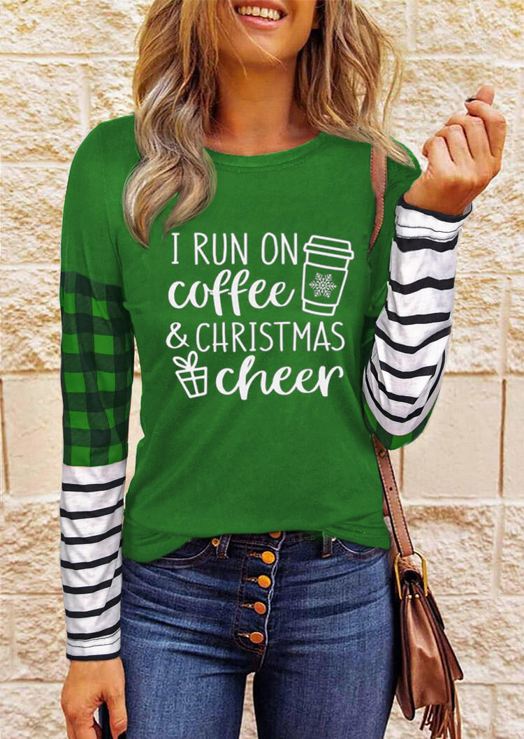 Blouses I Run on Coffee & Christmas Cheer T-Shirt Tee in Green. Size: S,M,L