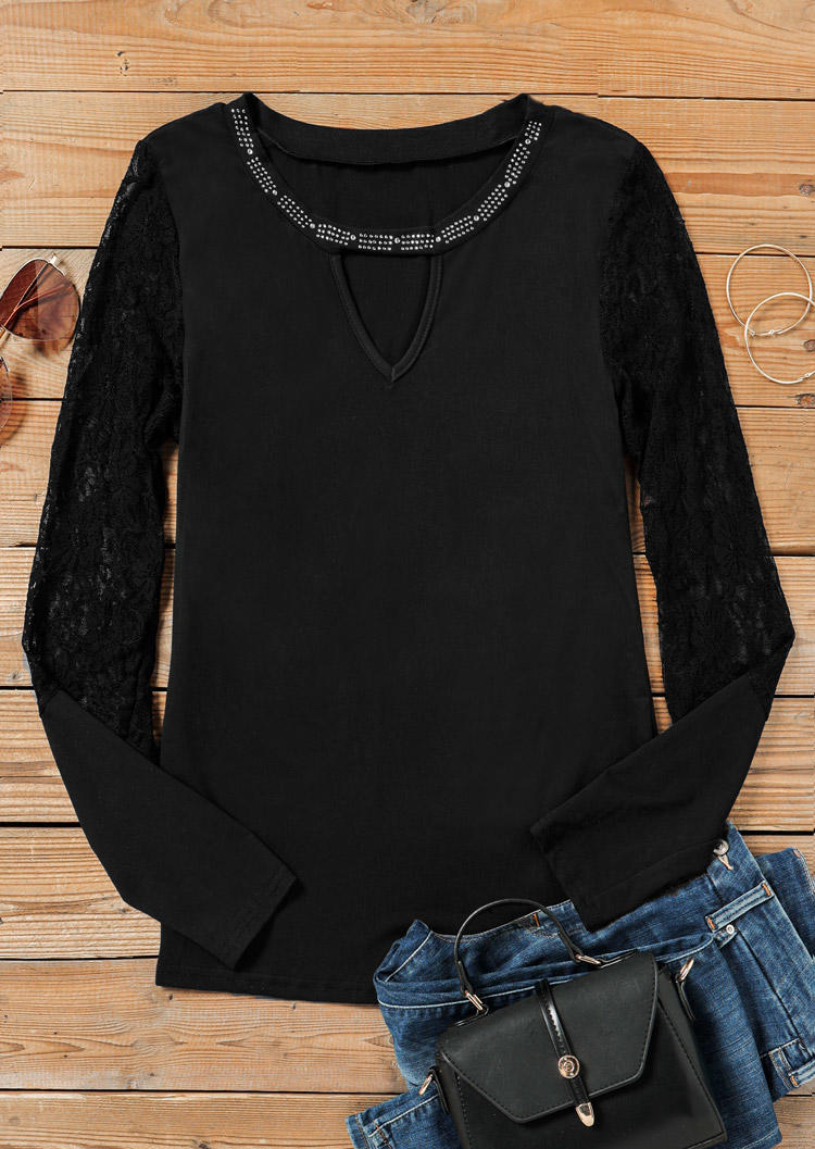 

Blouses Rhinestone Lace Splicing Hollow Out Blouse in Black. Size