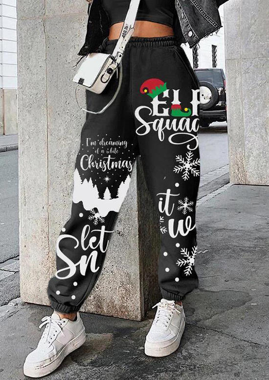 

Pants Christmas Snowflake Elastic Waist Sweatpants in Black. Size: ,L