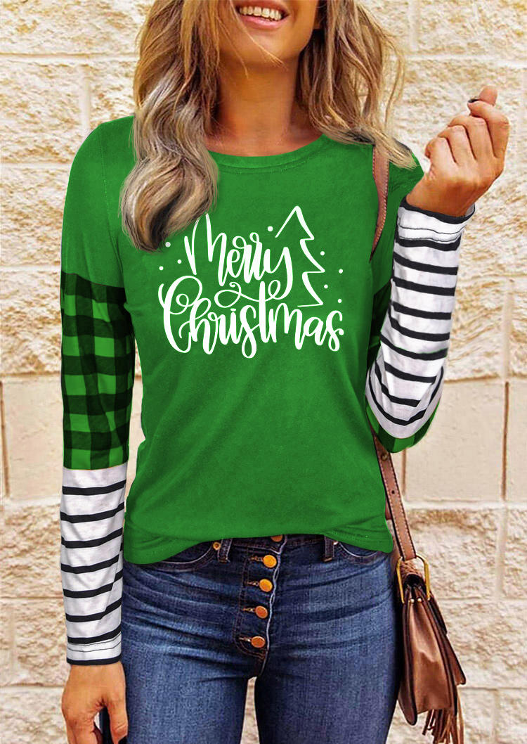 T-shirts Tees Merry Christmas Plaid Striped Splicing T-Shirt Tee in Black. Size: M