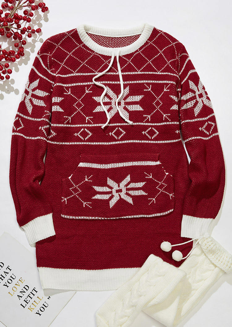 Christmas Snowflake Pocket Sweater Mini Dress - Red