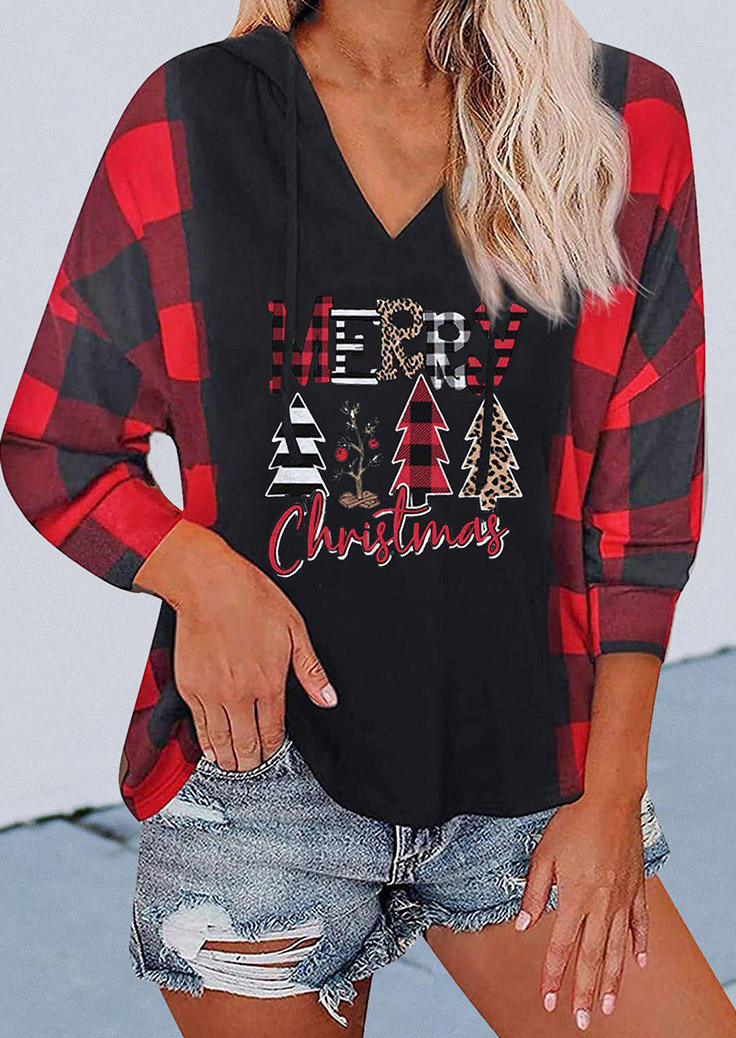

Hoodies Merry Christmas Tree Plaid Leopard Hoodie in Black. Size: ,M,L,XL