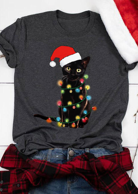 T-shirts Tees Christmas Hat Cat Light T-Shirt Tee in Dark Grey. Size: S,M,L,XL