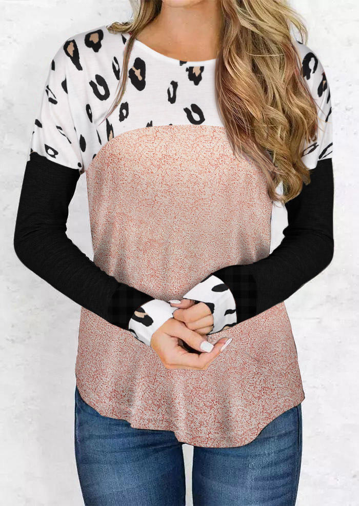 

Blouses Color Block Leopard Long Sleeve Blouse in Multicolor. Size: ,M,L,XL