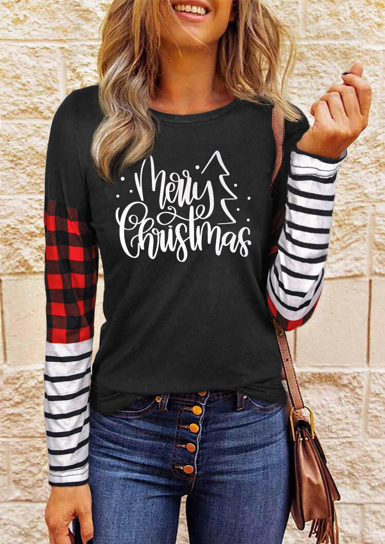 Blouses Merry Christmas Plaid Striped Splicing Blouse in Green. Size: M,L,XL