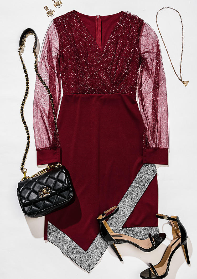 

Bodycon Dresses Mesh Glitter Splicing Ruffled Bodycon Dress in Burgundy. Size