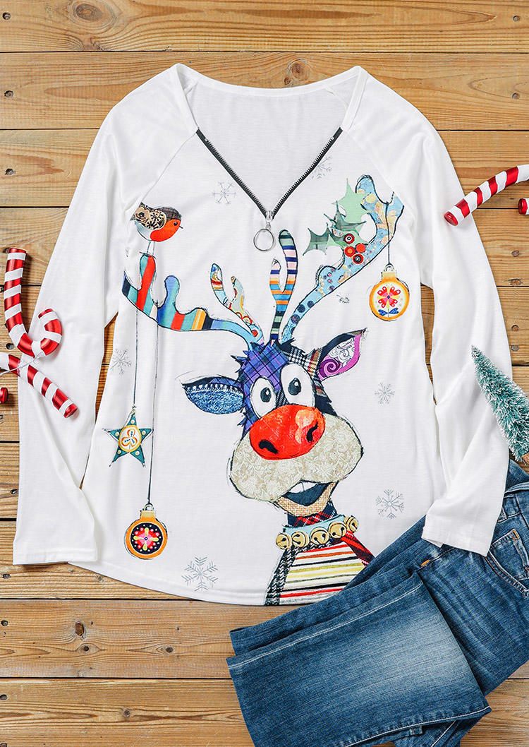 

Blouses Christmas Reindeer Zipper Long Sleeve Blouse in White. Size